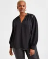 Inc International Concepts Plus Size V-neck Studded Blouse, Exclusively At Macy's In Deep Black
