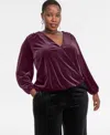 Inc International Concepts Plus Size Velvet V-neck Top, Macy's Exclusive In Purple