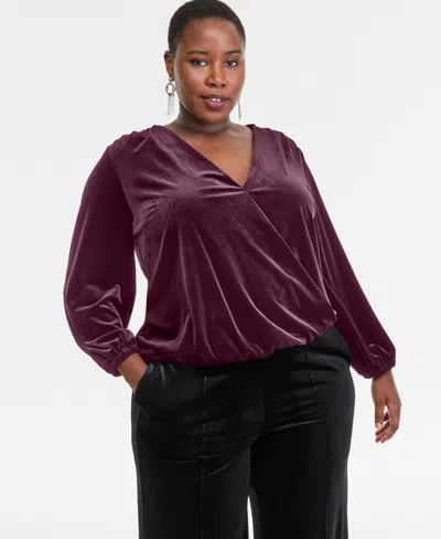 Inc International Concepts Plus Size Velvet V-neck Top, Macy's Exclusive In Purple