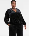 Inc International Concepts Plus Size Velvet V-neck Top, Macy's Exclusive In Black