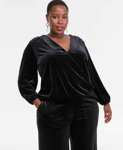 Inc International Concepts Plus Size Velvet V-neck Top, Macy's Exclusive In Black