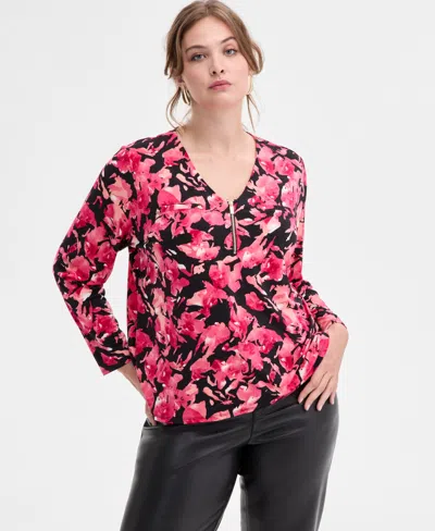 Inc International Concepts Plus Size Zip-front Long-sleeve Top, Macy's Exclusive In Multi
