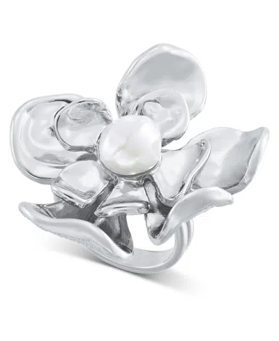 Inc International Concepts Silver-tone Imitation Pearl Flower Statement Ring, Exclusively At Macy's In White