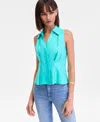 Inc International Concepts Woman's Collared Button-front Top, Macy's Exclusive In Blue