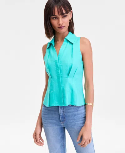 Inc International Concepts Woman's Collared Button-front Top, Macy's Exclusive In Blue