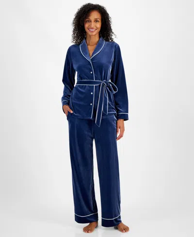 Inc International Concepts Women's 2-pc. Velvet Shawl-collar Pajama Set With Detachable Belt, Created For Macy's In Royal Navy