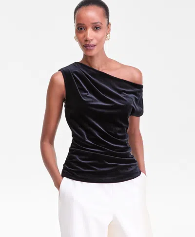 Inc International Concepts Women's Asymmetric Draped Velvet Top, Macy's Exclusive In Black