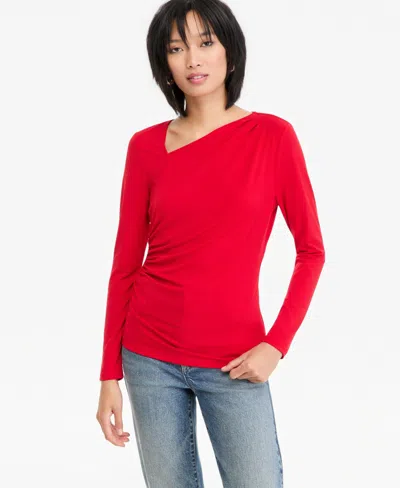 Inc International Concepts Women's Asymmetrical-neck Long-sleeve Top, Macy's Exclusive In Real Red