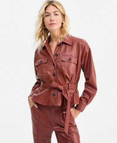 Inc International Concepts Women's Belted Faux Leather Peplum Shirt Jacket, Macy's Exclusive In Brown