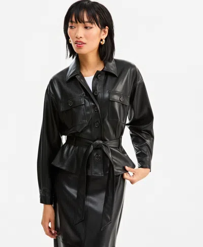 Inc International Concepts Women's Belted Faux Leather Peplum Shirt Jacket, Macy's Exclusive In Black