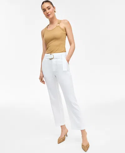 Inc International Concepts Women's Belted Linen-blend Cropped Pants, Exclusively At Macy's In Bright White