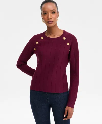Inc International Concepts Women's Button-trim Pointelle Sweater, Macy's Exclusive In Burgundy