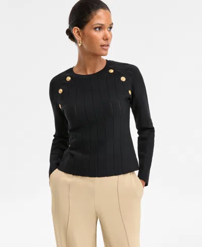Inc International Concepts Women's Button-trim Pointelle Sweater, Macy's Exclusive In Black
