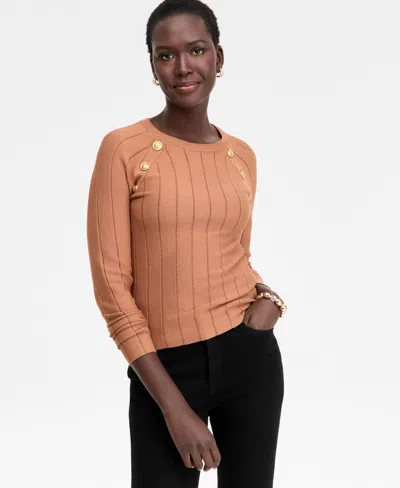 Inc International Concepts Women's Button-trim Pointelle Sweater, Macy's Exclusive In Brown