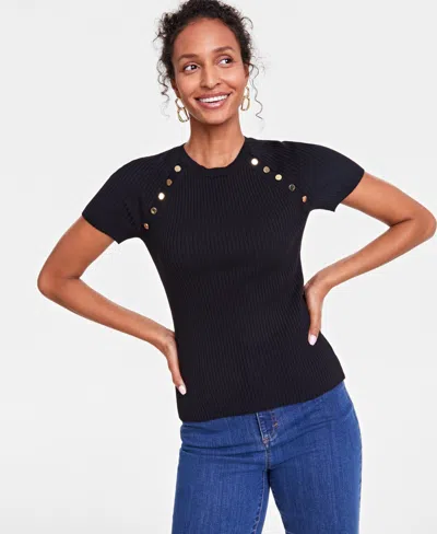 Inc International Concepts Women's Button-trim Short-sleeve Sweater, Created For Macy's In Deep Black