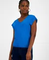 Inc International Concepts Womens Drapy Ribbed V Neck Top Xs 3x Exclusively At Macys In Blue