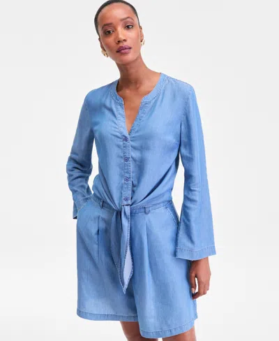 Inc International Concepts Women's Chambray Long-sleeve Tie-front Top, Macy's Exclusive In Purple