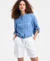 Inc International Concepts Women's Chambray Tie-sleeve Pocket Blouse, Macy's Exclusive In Blue