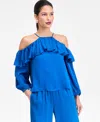 Inc International Concepts Women's Cold-shoulder Long-sleeve Ruffle Blouse, Macy's Exclusive In Blue