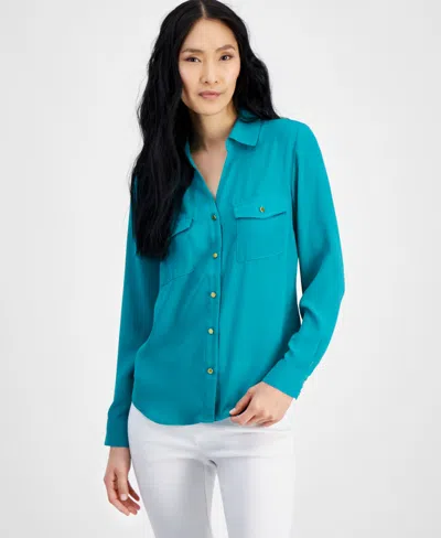Inc International Concepts Women's Collared Button-down Blouse, Created For Macy's In Fresco Blue