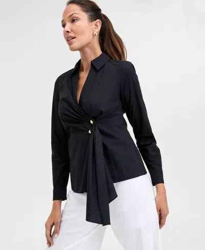 Inc International Concepts Women's Cotton Drape-front Top, Exclusively At Macy's In Deep Black