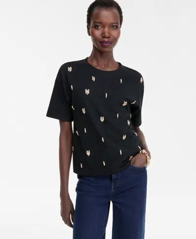 Inc International Concepts Women's Cotton Embellished Tee, Macy's Exclusive In Black