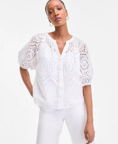 Inc International Concepts Women's Cotton Eyelet Puff-sleeve Blouse, Exclusively At Macy's