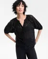 Inc International Concepts Women's Cotton Eyelet Puff-sleeve Blouse, Exclusively At Macy's In Black