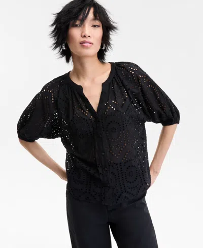 Inc International Concepts Women's Cotton Eyelet Puff-sleeve Blouse, Exclusively At Macy's