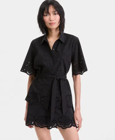 Inc International Concepts Women's Cotton Eyelet Tie-waist Blouse, Macy's Exclusive In Black