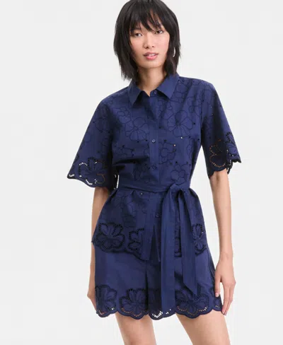 Inc International Concepts Womens Cotton Eyelet Tie Waist Blouse Shorts Macys Exclusive In Blue