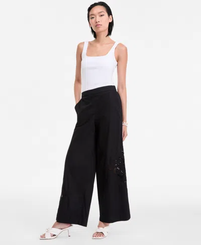 Inc International Concepts Women's Cotton Lace-trim Wide-leg Pants, Exclusively At Macy's