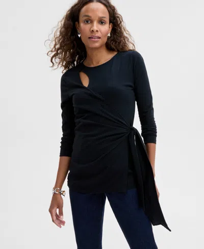 Inc International Concepts Women's Cotton Long Sleeve Faux-wrap Top, Exclusively At Macy's In Deep Black
