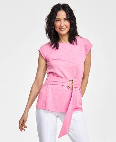 Inc International Concepts Women's Crewneck Belted Top, Created For Macy's In Pink Azalea