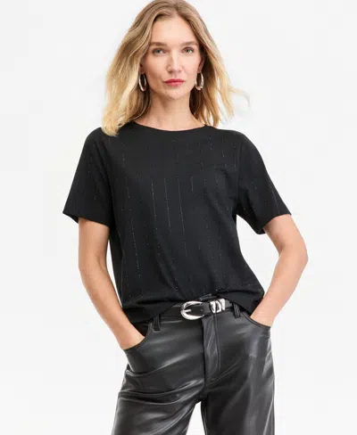 Inc International Concepts Women's Crewneck Short-sleeve Heat-seal Rhinestone T-shirt, Macy's Exclusive In Deep Black
