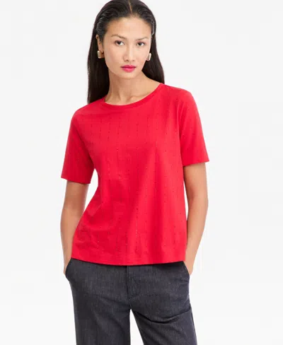 Inc International Concepts Women's Crewneck Short-sleeve Heat-seal Rhinestone T-shirt, Macy's Exclusive In Real Red