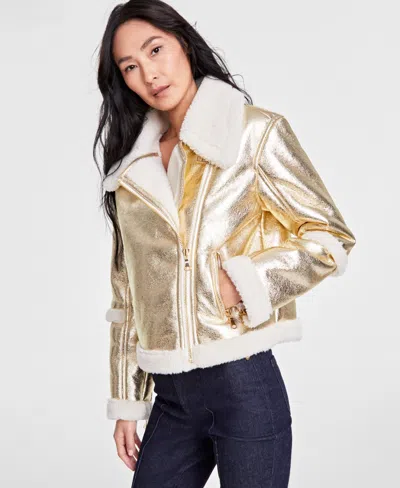 Inc International Concepts Women's Cropped Metallic Aviator Jacket, Created For Macy's In Gold Metal