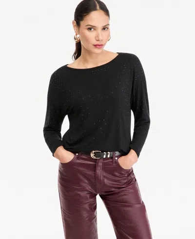 Inc International Concepts Women's Crystal Embellished Boat Neck Long-sleeve T-shirt, Macy's Exclusive In Deep Black