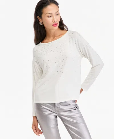 Inc International Concepts Women's Crystal Embellished Boat Neck Long-sleeve T-shirt, Macy's Exclusive In Magnolia Blossom