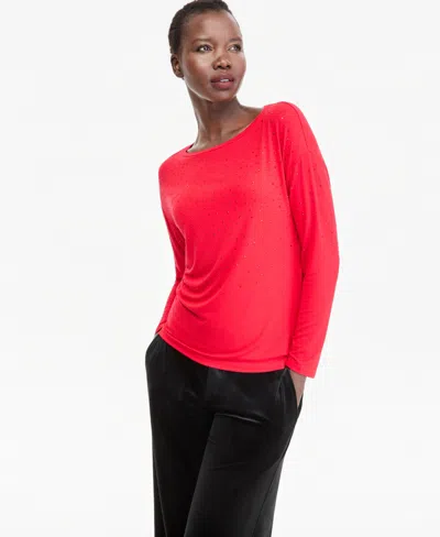 Inc International Concepts Women's Crystal Embellished Boat Neck Long-sleeve T-shirt, Macy's Exclusive In Real Red