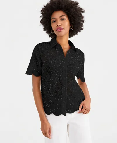 Inc International Concepts Women's Crystal Embellished Short-sleeve Button Down, Macy's Exclusive In Black