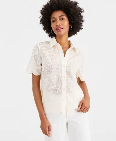 Inc International Concepts Women's Crystal Embellished Short-sleeve Button Down, Macy's Exclusive In White