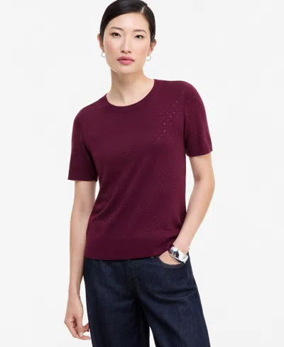 Inc International Concepts Women's Crystal Embellished Short-sleeve Crewneck Sweater, Macy's Exclusive In Burgundy