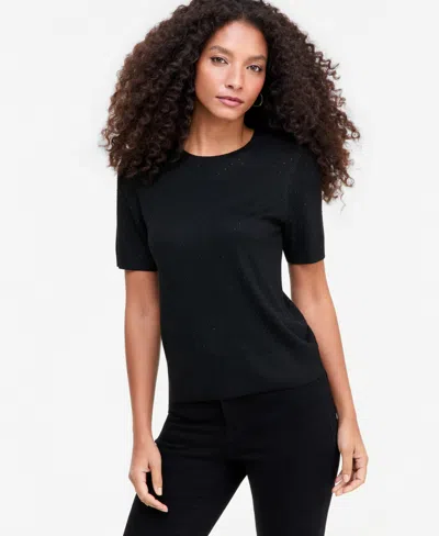 Inc International Concepts Women's Crystal Embellished Short-sleeve Crewneck Sweater, Macy's Exclusive In Black