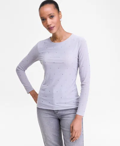 Inc International Concepts Women's Crystal Mesh Long-sleeve Top, Macy's Exclusive In Gray