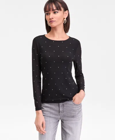 Inc International Concepts Women's Crystal Mesh Long-sleeve Top, Macy's Exclusive In Black