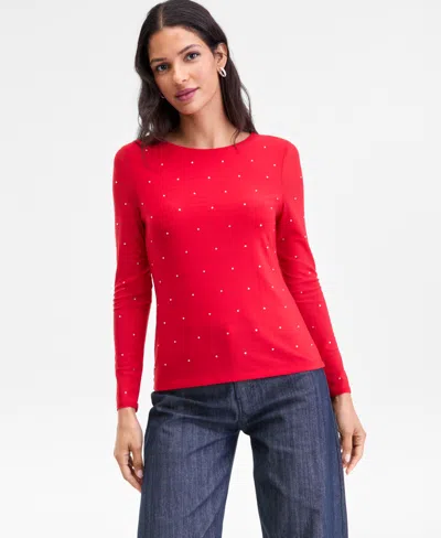 Inc International Concepts Women's Crystal Mesh Long-sleeve Top, Macy's Exclusive In Red