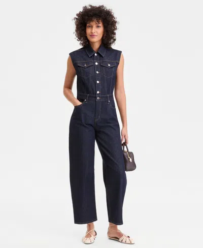 Inc International Concepts Women's Denim Barrel-leg Sleeveless Jumpsuit, Macy's Exclusive In Blue