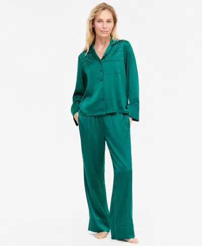 Inc International Concepts Women's Diamonte Satin Long Pajama Set, Created For Macy's In Green