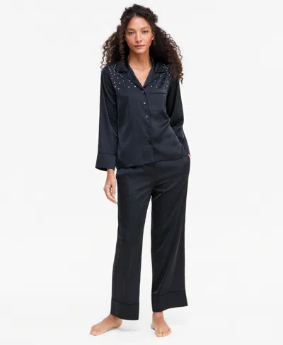 Inc International Concepts Women's Diamonte Satin Long Pajama Set, Created For Macy's In Black